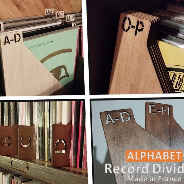 Dividers, wooden separators for vinyl record collections (alphabet / 33-rpm format)