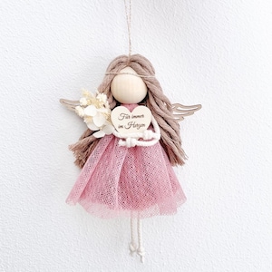 Schutzengel Anhänger, Taufgeschenk, Personalisiertes Geschenk, Makramee Engel, Glücksbringer, Engel mit Trockenblumen