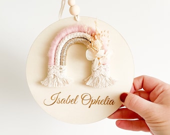 Name plate for children's room made of wood, personalized wooden disc with birth dates, door sign with rainbow, gift for birth,
