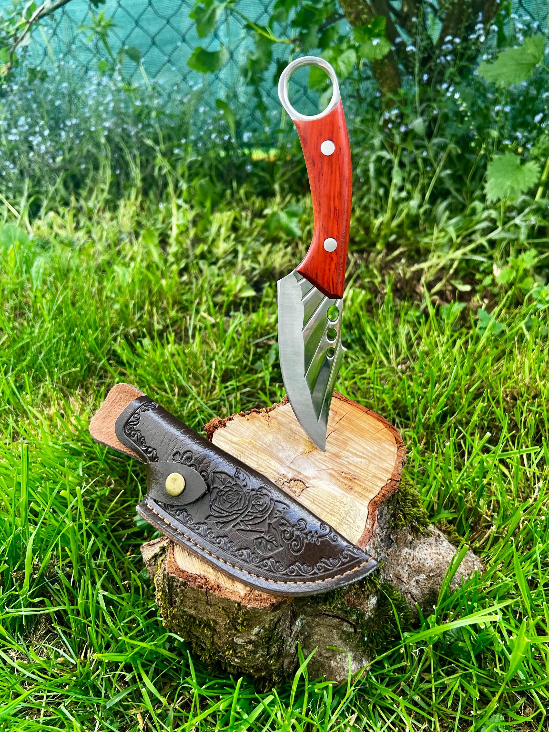 Hand-ground kitchen knife with wooden handle - forged carving knife, stainless steel with knife sheath - Bushcraft, Survival, Camping