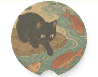 Ukiyo-e Black Cat Car Coasters: Japanese Koi Pond Art