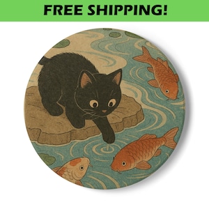 Ukiyo-e Black Cat Ceramic Coaster: Japanese Koi Pond Art
