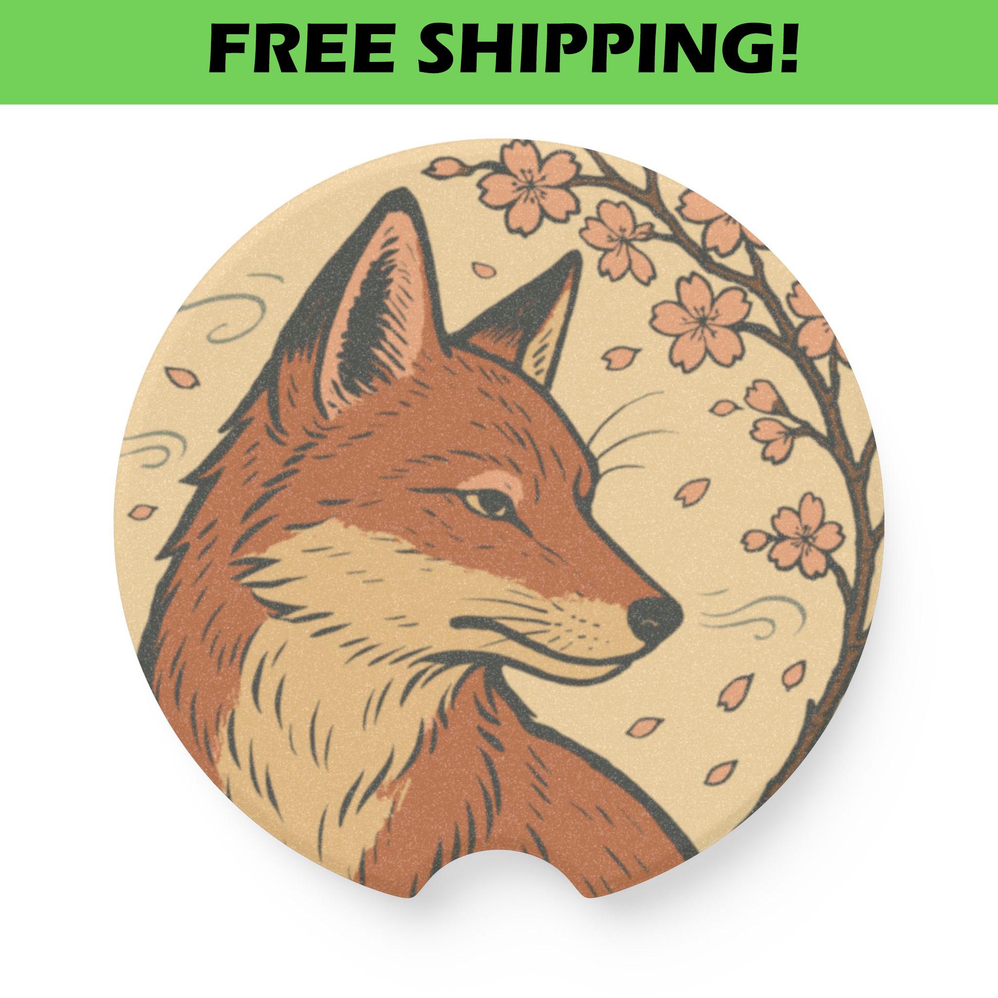 Ukiyo-e Fox Car Coaster: Japanese Woodblock Sakura Art