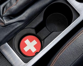 Swiss Cross Soapstone Car Coaster: Stylish Drink Holder