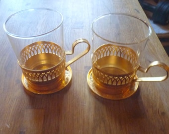 2x tasses à thé vintage verres à thé Schott Mainz Jena verre café irlandais avec soucoupe en laiton