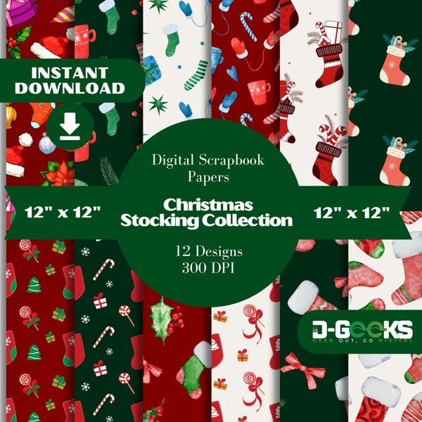 Colección de medias navideñas papel digital, papel tapiz de medias navideñas, papel de álbum de recortes navideño, medias familiares, patrón sin costuras de invierno