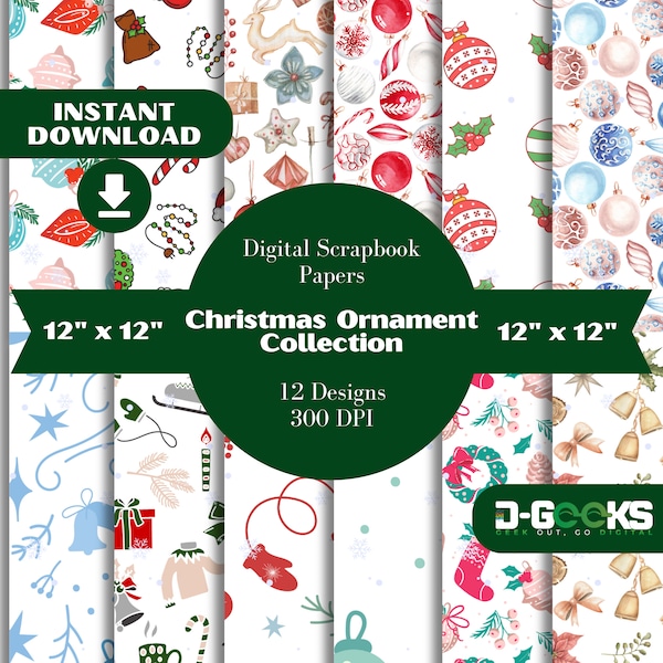 Decorative Christmas Ornament Collection Digital Paper Seamless Designs Pack of 12, 12" x 12", 300 DPI, High-Quality JPGs - Instant Download