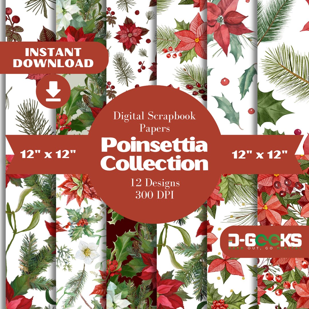 12 Digital Poinsettia Christmas Papers, Watercolor Poinsettias Patterns ...
