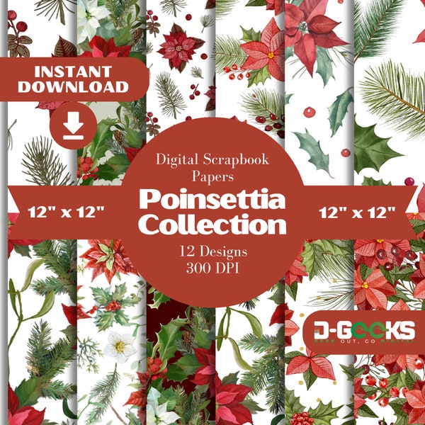 12 Digital Poinsettia Christmas Papers, Watercolor Poinsettias Patterns, Scrapbook Paper Designs Pack, Printable Poinsettia Junk Journal Kit