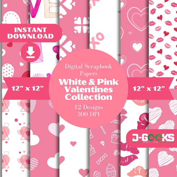 Pink & White Valentine's Digital Paper: 12 Designs, Hearts Seamless Pattern, Seamless Pattern Bundle, 12"x12" 300 DPI, JPG, Instant Download