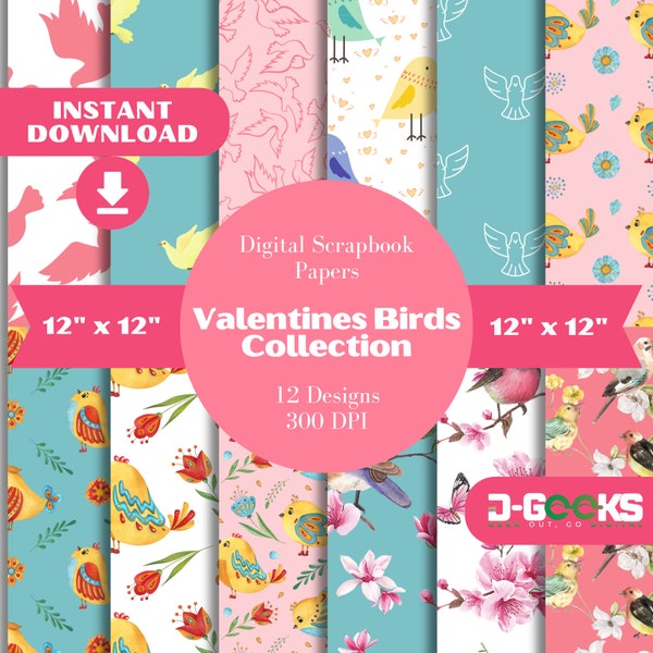 Valentines Birds Collection Digital Paper: 12 Designs, 12" x 12", 300 DPI, jpg, 3600 x 3600 px, Pink & Turquoise Background INSTANT DOWNLOAD