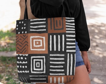 Black Woman Mudcloth Art Tote Bag | Afrocentric Reusable Bag | Melanin Queen Gift