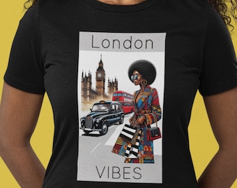 London Black Woman England Shirt for Black Girl Wanderlust TShirt Black Travel Tee New York Fashion T-Shirt for African American Black Owned