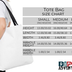 May include: A white tote bag with black handles. The bag is shown being held by a person. A size chart is shown with measurements in inches and centimeters for small, medium, and large tote bags.
