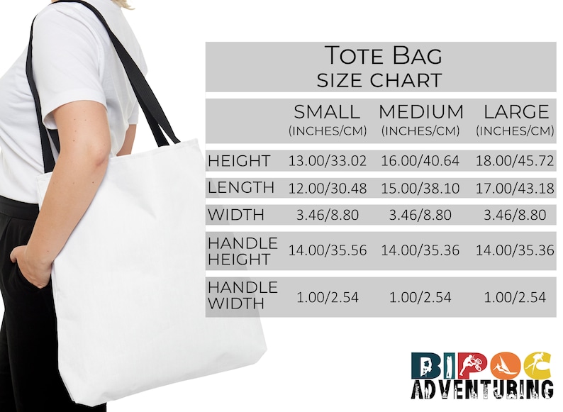 May include: A white tote bag with black handles. The bag is shown being held by a person. A size chart is shown with measurements in inches and centimeters for small, medium, and large tote bags.