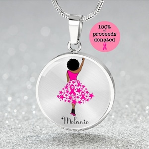 Personalized Black Woman Breast Cancer Jewelry | Cancer Ribbon Survivor Necklace Gift | African American Cancer Awareness Bracelet, Keyring