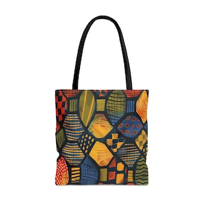 Afrocentric Abstract Art Colorful Tote Bag | African Ankara Cloth Inspired Tote| Ethnic Mud Cloth Bag| Brown Black Woman Tote | Black Owned.  gift-for black girl. black girls artful. gift-for black woman. gifted black girl. black woman giftful
