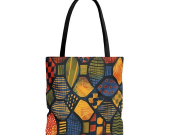 Afrocentrische kleurrijke draagtas met abstracte kunst | Op Afrikaanse Ankara-doek geïnspireerde draagtas| Etnische tas van modderstof| Bruine zwarte damestas | Zwart eigendom