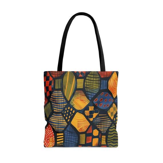Afrocentric Abstract Art Colorful Tote Bag | African Ankara Cloth Inspired Tote| Ethnic Mud Cloth Bag| Brown Black Woman Tote | Black Owned