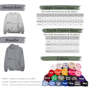 May include: A size chart for sweatshirts and hoodies in adult and youth sizes. The chart shows the width, length, and sleeve length in inches for each size. The chart also includes a colour chart with 20 different colours.