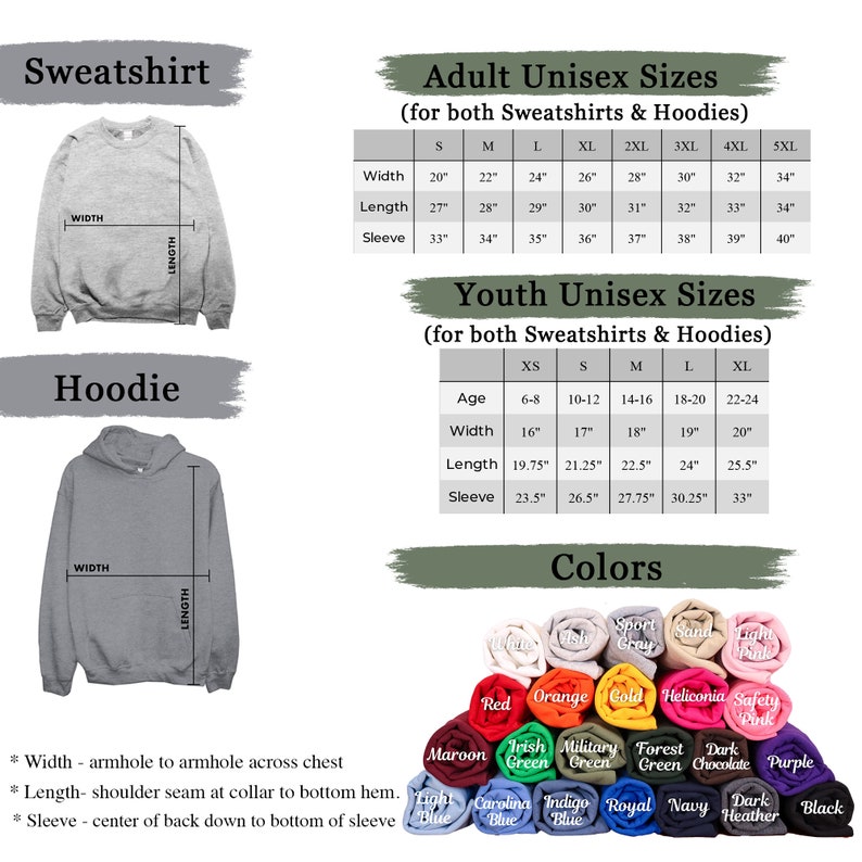 May include: A size chart for sweatshirts and hoodies in adult and youth sizes. The chart shows the width, length, and sleeve length in inches for each size. The chart also includes a colour chart with 20 different colours.