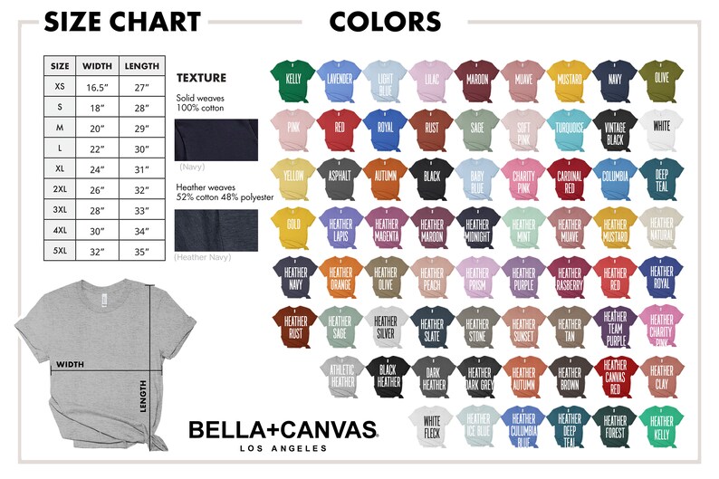 May include: Size chart for t-shirts with measurements in inches.  The chart shows the width and length of each size from XS to 5XL.  The chart also shows the fabric composition for each size.  The chart is followed by a colour chart showing 100 different colours of t-shirts.  The colours are organised in rows and columns.  The colours include solid colours, heather colours, and vintage colours.  The text "Bella+Canvas Los Angeles" is at the bottom of the chart.