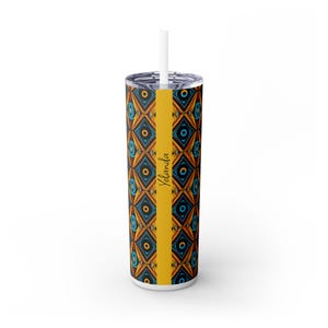 Ankara Cloth Skinny Tumbler | Afrocentric Ethnic Pattern Stainless Steel Tumbler | Artsy Water Bottle | Gift for Black Woman | Black Owned