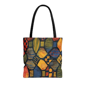 Afrocentric Abstract Art Colorful Tote Bag | African Ankara Cloth Inspired Tote| Ethnic Mud Cloth Bag| Brown Black Woman Tote | Black Owned image 2