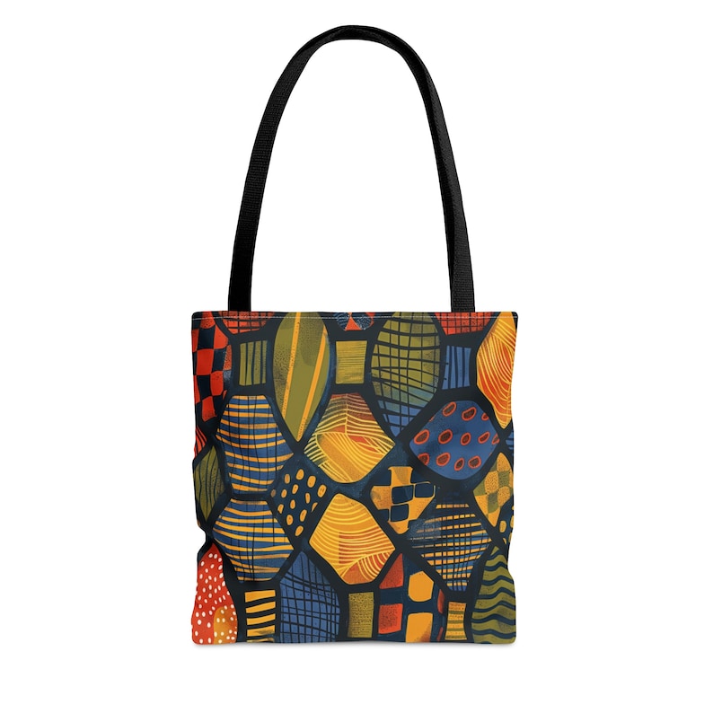 Afrocentric Abstract Art Colorful Tote Bag | African Ankara Cloth Inspired Tote| Ethnic Mud Cloth Bag| Brown Black Woman Tote | Black Owned image 4