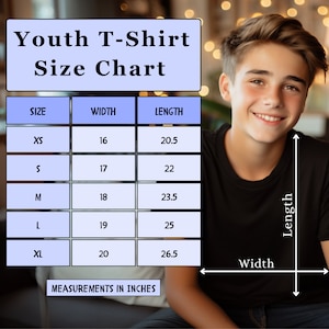 May include: Youth T-shirt size chart with measurements in inches. The chart shows the width and length of the shirt in inches for sizes XS, S, M, L, and XL.