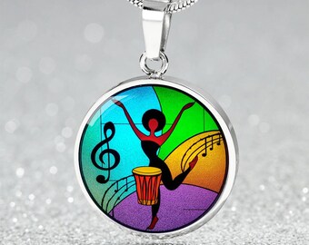 Black Woman Music & Dance Pendant Necklace, Bracelet, or Keychain | Fun Artistic Jewelry Motivational Gift for Her | Cheerful Gift 4 BFF