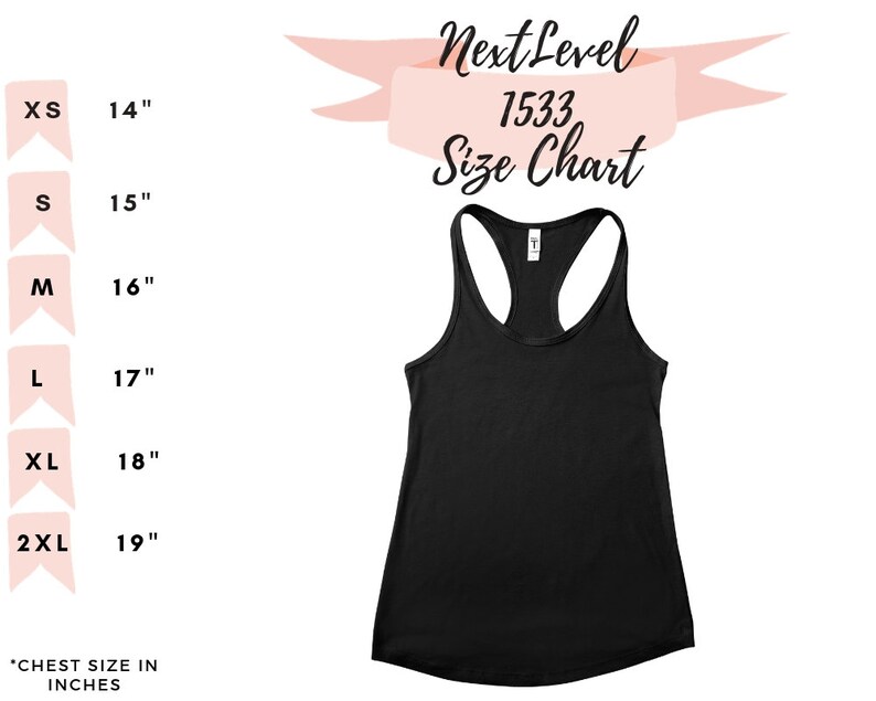 Op de afbeelding: Maattabel voor een zwart tanktop met een ronde hals en racerback-stijl. De tabel toont maten XS tot 2XL met bijbehorende borstmaten in inches.