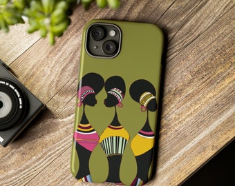 Puede incluir: Una funda de teléfono verde con un diseño de tres mujeres en silueta con patrones geométricos coloridos. Las mujeres llevan diademas y pendientes.