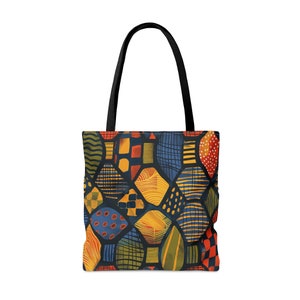 Afrocentric Abstract Art Colorful Tote Bag | African Ankara Cloth Inspired Tote| Ethnic Mud Cloth Bag| Brown Black Woman Tote | Black Owned image 3