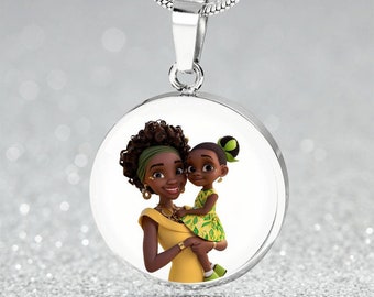 Cute African American Mother & Daughter Necklace | Engraved Brown Black Family Charm Pendant, Bracelet, Keyring | Hispanic Mothers Day Gift