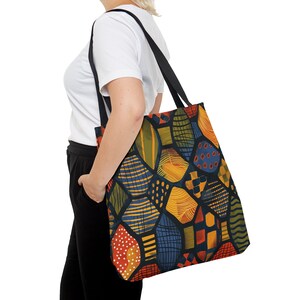 Afrocentric Abstract Art Colorful Tote Bag | African Ankara Cloth Inspired Tote| Ethnic Mud Cloth Bag| Brown Black Woman Tote | Black Owned image 6