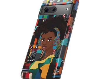 Puede incluir: Una funda de teléfono colorida con una ilustración en blanco y negro de una mujer con auriculares. El fondo es un mosaico de cuadrados coloridos.