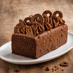 Könnte beinhalten: Ein rechteckiger Schokoladenkuchen auf einem weißen ovalen Teller. Der Kuchen ist mit einer glatten Schokoladenglasur mit texturierter, nussiger Oberfläche überzogen. Oben ist er mit aufgespritzten Schokoladencreme-Tupfen und Schokoladenringen verziert.