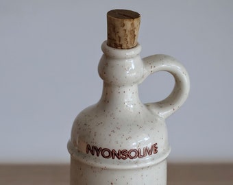 French Nyons pyrite ceramic art pottery oil bottle • cork stopper • hand painted • olive oil cruet •