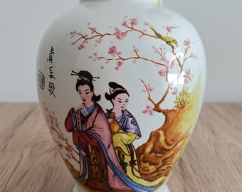 Grand vase à fleurs décor geishas peint à la main et signé • Pot à fleurs • Vase floral asiatique •Vase traditionnel • vintage