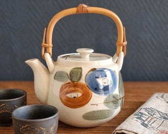 Vintage Round Ceramic Teapot in Earth Tones - Vintage ceramic teapot with bamboo handle