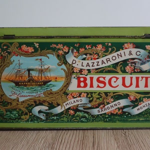 Boîte en métal publicitaire de collection lithographiée biscuits Art Déco Boîte à Biscuits D. Lazzaroni & C. italienne Rangement italien image 4