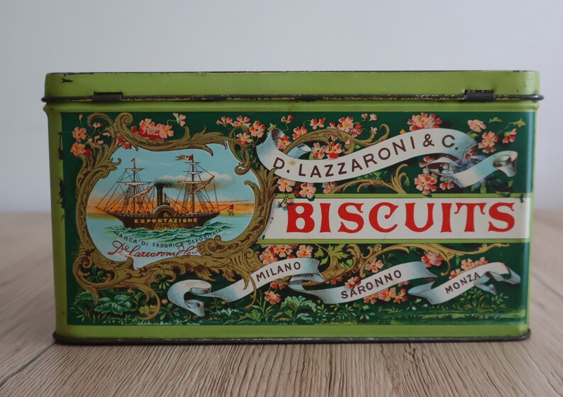 Boîte en métal publicitaire de collection lithographiée biscuits Art Déco Boîte à Biscuits D. Lazzaroni & C. italienne Rangement italien image 4