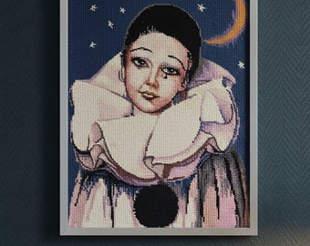 Vintage Tapestry Painting, Hand-Embroidered Sad Pierrot and Moon - Retro Wall Art, Melancholic Clown - Unique Wall Decoration from the 70s/80s