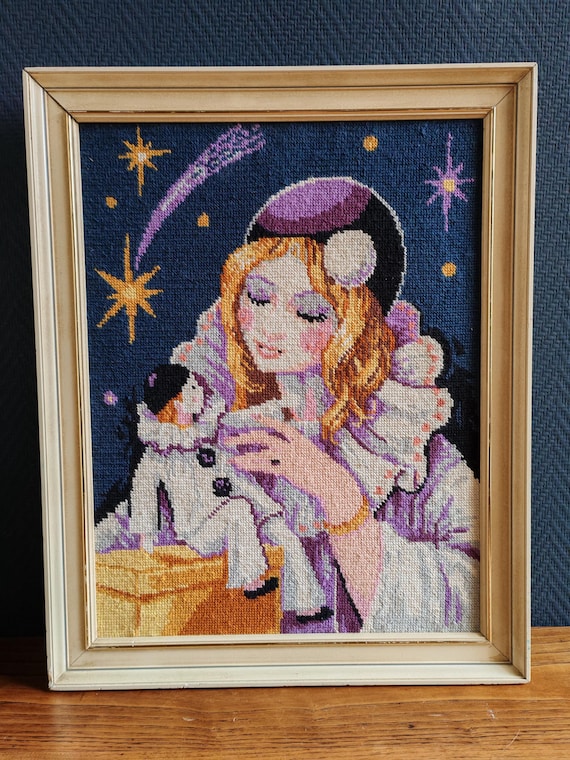 ヴィンテージ ピエロ タペストリー - 1970年代の手刺繍キャンバス 