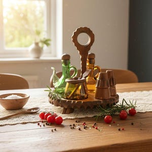 Juego de condimentos vintage de madera y vidrio ámbar y verde / Salero y pimentero, estilo rústico chic de los años 60/70