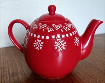 Tetera de cerámica esmaltada roja con decoración navideña • Tetera roja • Salón de té francés • Country chic • Corazones • Tetera para enamorados