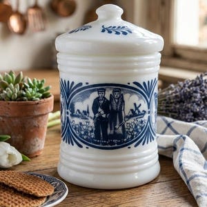 Puede incluir: Un tarro de cerámica blanco con tapa, adornado con motivos florales azules y una escena ovalada central que representa figuras con vestimenta tradicional. El tarro es cilíndrico con un diseño acanalado.