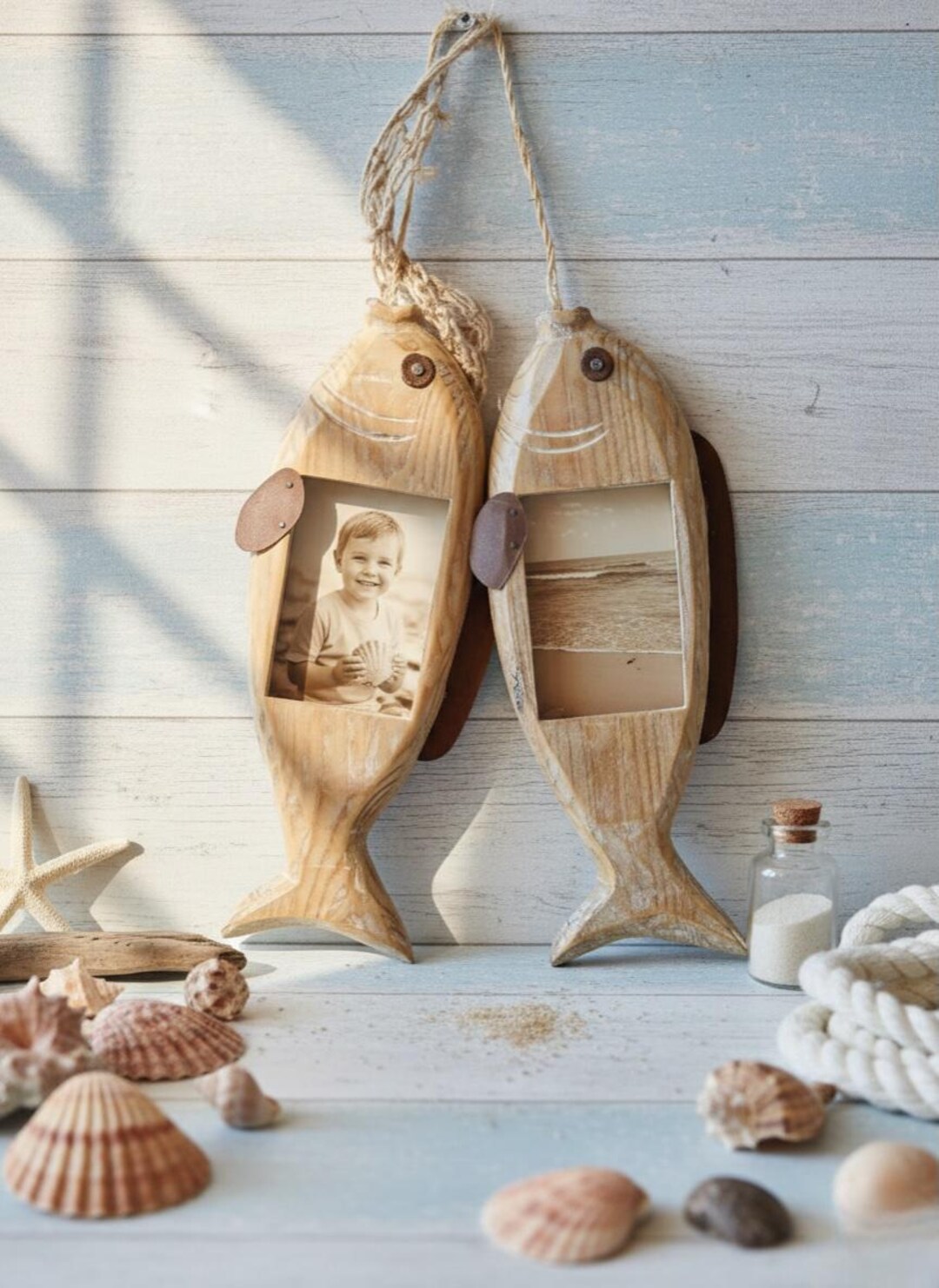 Pair of Whitewashed Wood Fish Photo Frames - Shabby Chic Nautical Wall ...