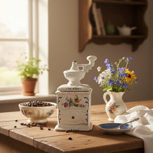 Puede incluir: Un molinillo de café de cerámica blanca con diseño floral, un cuenco con granos de café y un pequeño jarrón con flores están sobre una mesa de madera. El molinillo tiene una manivela y un cajón. También hay un plato azul y una cuchara.